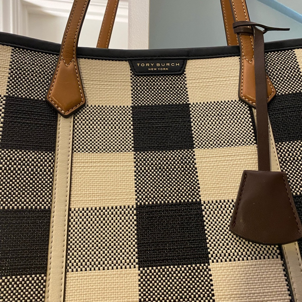 Tory Burch Plaid Gingham Tote with Tan Accents - Picture 8 of 9